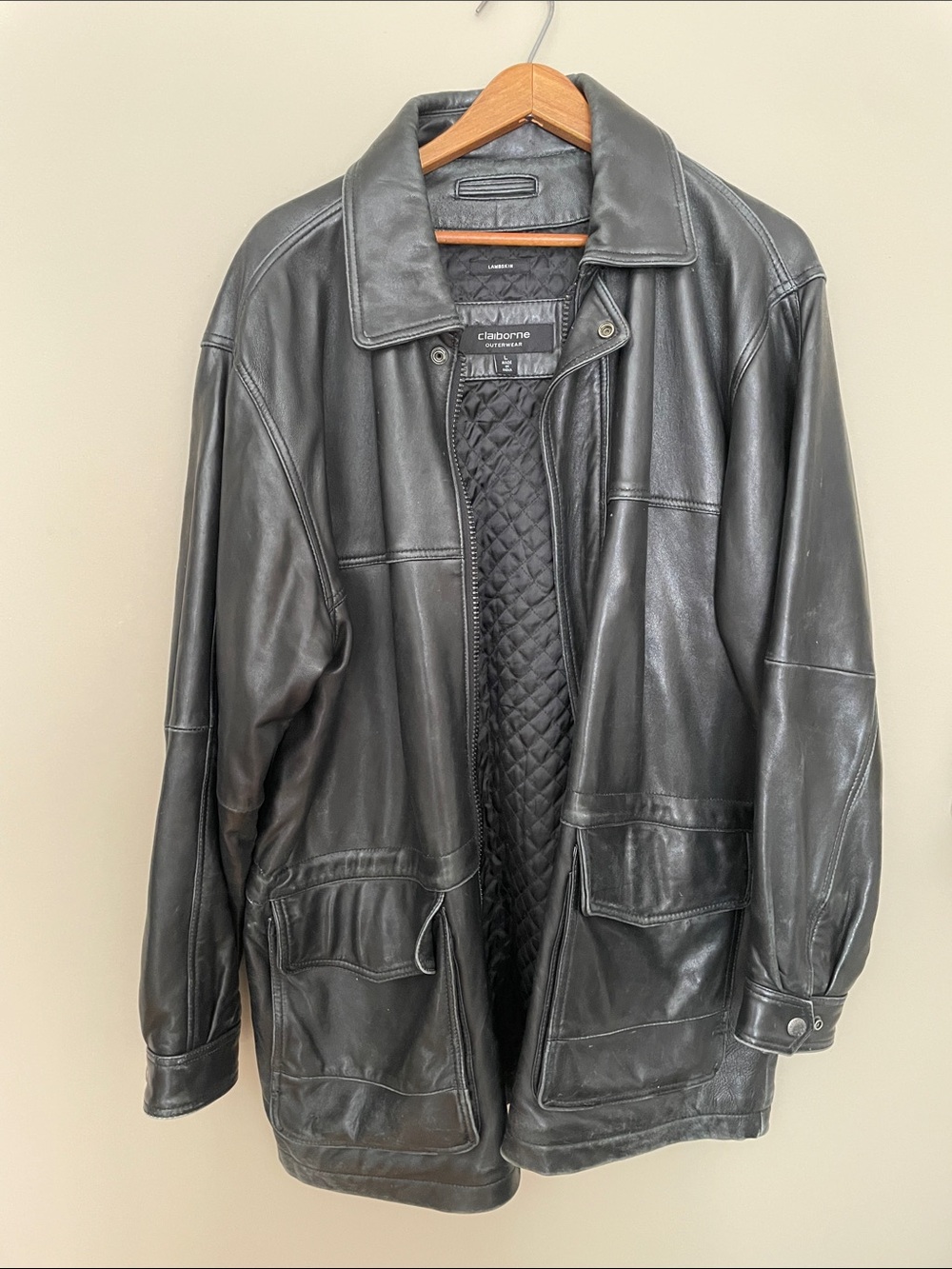 90s Vintage Claiborne Black Lambskin Leather Jacket with Quilted Lining